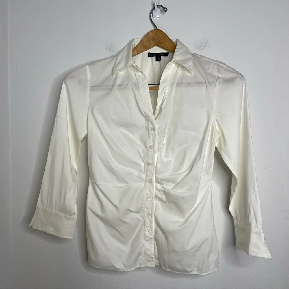 Lafayette 148 Ivory Pleaded Front Button Down Shirt Blouse Top Size 6 - Picture 2 of 16